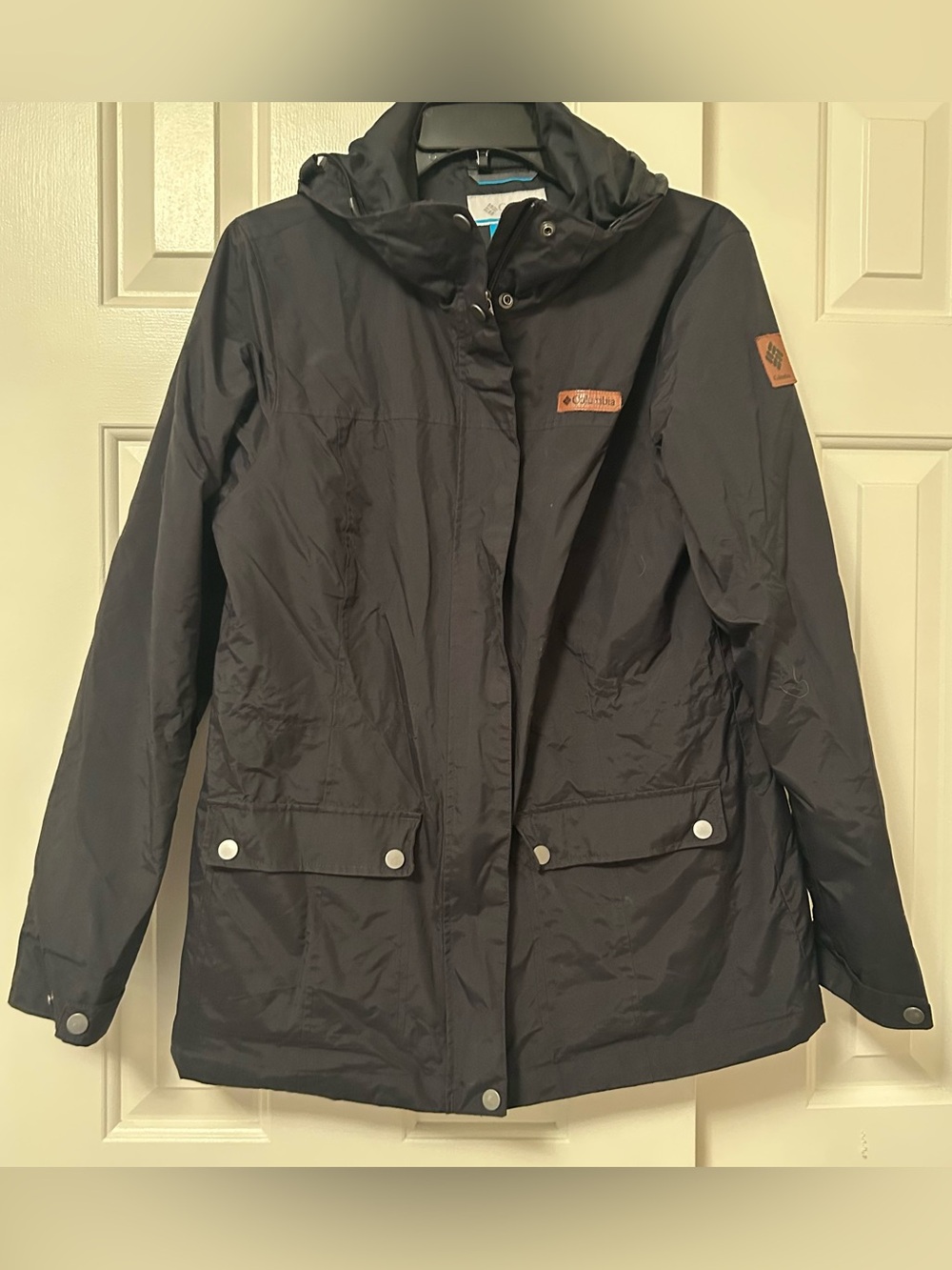 Columbia Outerwear Women's Black Hooded Lined Rain Jacket Mid-Length Size Small